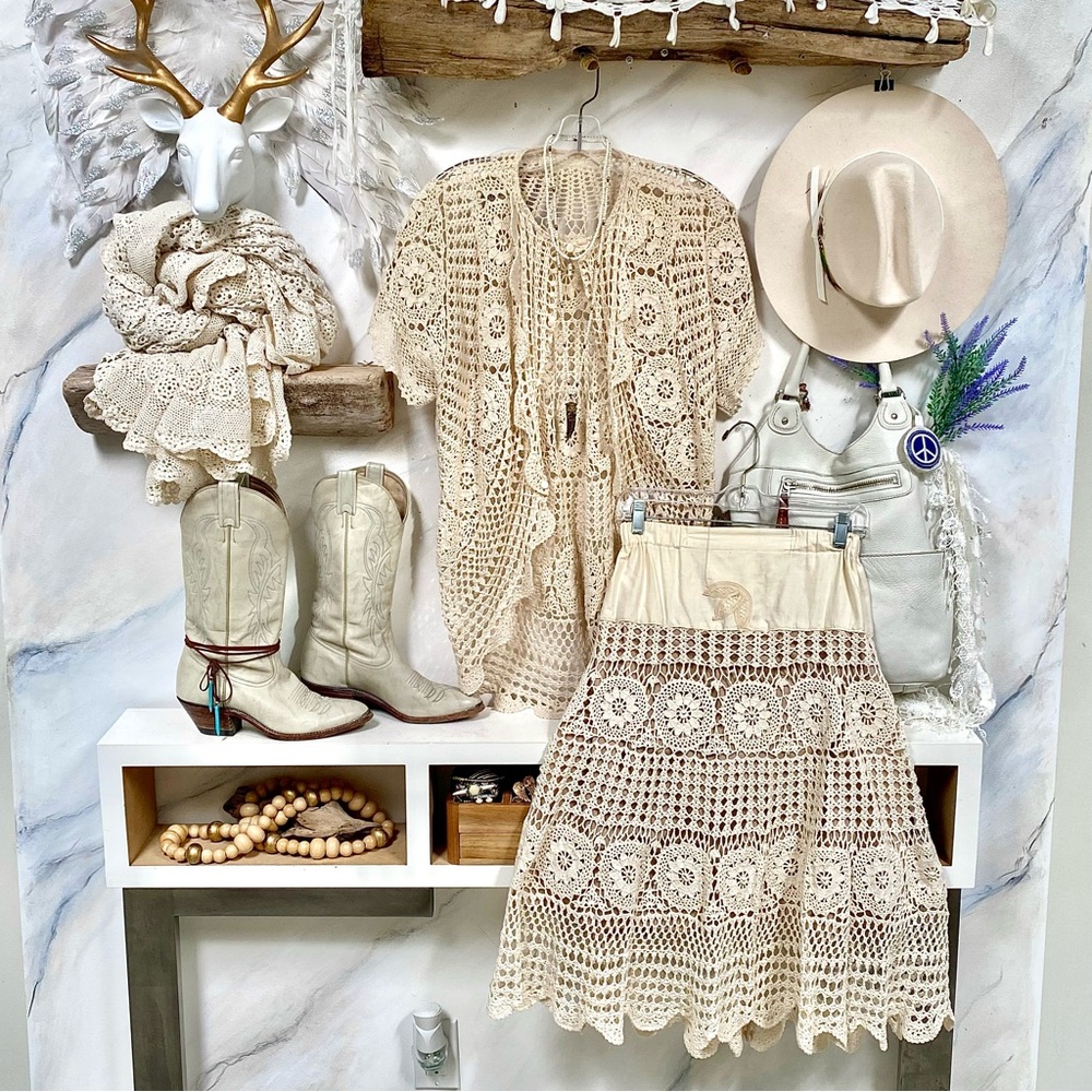 Artisan Crochet set boho lace set skirt/cardi shabby chic prairie Country vibel - Picture 10 of 16